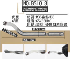 角度45度刀口長9.6mm長47.5mm直徑3.2mm用途:塑料,硬質材料修邊硬度:65/66HRC材質:M35含鈷HSSNO:BS1018NOGA  DEBURRING SYSTEM ............DEBURRING TOOL&KNIFE