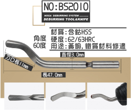 角度60度直徑3.0mm刀口長11mm長47.0mm用途:黃銅,鐵質材料修邊硬度:62/63HRC材質:含鈷HSSNO:BS2010NOGA  DEBURRING SYSTEM ............DEBURRING TOOL&KNIFE