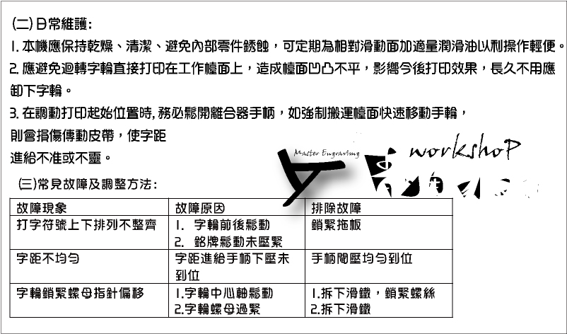 (二)日常維護:1.本機應保持乾燥、清潔、避免內部零件銹蝕，可定期為相對滑動面加適量潤滑油以利操作輕便。
2.應避免迴轉字輪直接打印在工作檯面上，造成檯面凹凸不平，影嚮今後打印效果，長久不用應
卸下字輪。3.在調動打印起始位置時,務必鬆開離合器手柄，如強制搬運檯面快速移動手輪，則會損傷傳動皮帶，使字距
進給不准或不靈。金屬銘牌打標機