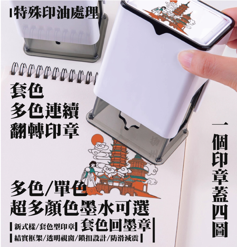 特殊印油處理多色/單色套色回墨章新式樣/套色型印章結實框架/透明視窗/鎖扣設計/防滑減震超多顏色墨水可選一個印章蓋四圖套色多色連續
翻轉印章