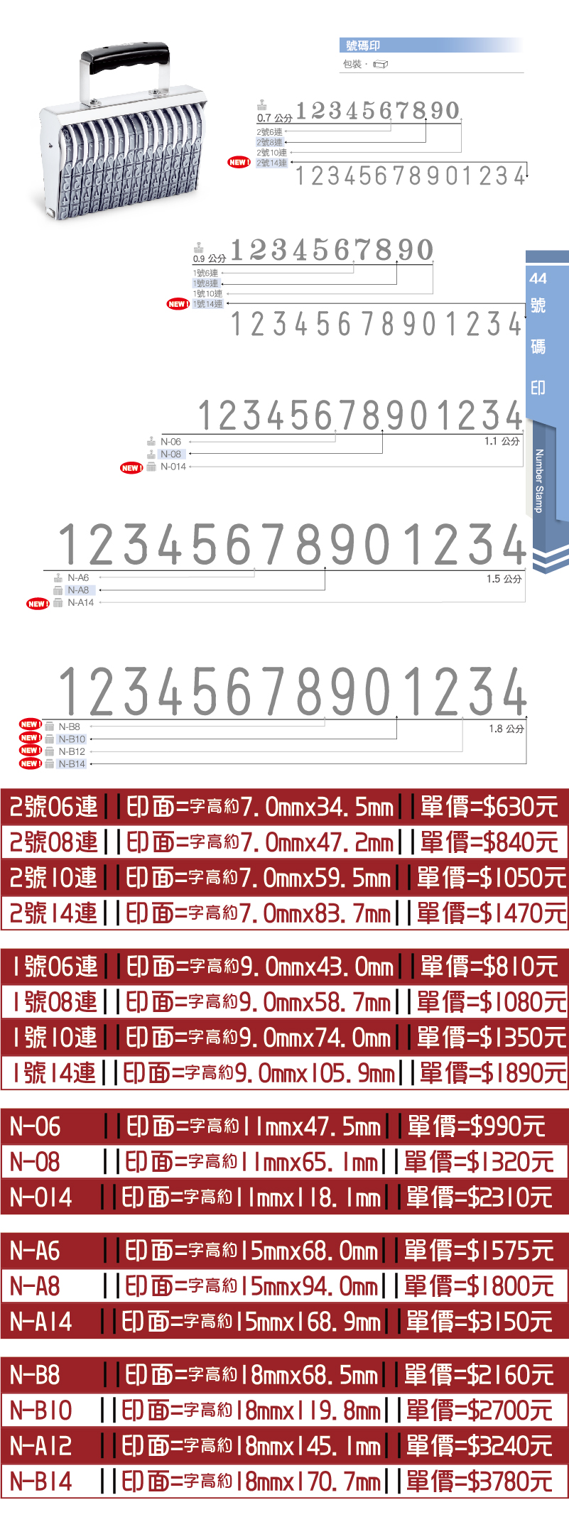 號碼印-旋轉章,2號6連,2號8連,2號10連,2號14連,1號6連,1號8連,1號10連,1號14連,N-06,N-08,N-014,N-A6,N-A8,N-A14,N-B8,N-B10,N-B12,N-B14.